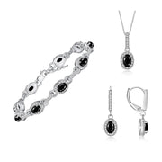 Rylos Matching Jewelry Set Designer Halo Birthstone: 6X4MM Gemstone & Diamonds, Sterling Silver. Tennis Bracelet, Earrings & Necklace. Adjustable 7"-8" Wrist, 18" Chain.