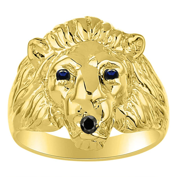 RYLOS Lion Head Ring Yellow Gold Plated Silver Gemstone Eyes & Black Diamond Mouth #1 in Mens Jewelry Sizes 6-13