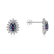 RYLOS 14K White Gold Halo Stud Earrings - 6X4MM Pear Shape Gemstone & Diamonds - Exquisite Birthstone Jewelry