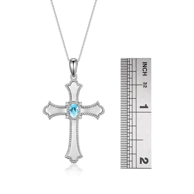 Rylos 14K White Gold Cross Necklace with Gemstones, Diamonds & 18 Chain - 6X4MM Birthstone Pendant for Women - Elegant Diamond Jewelry