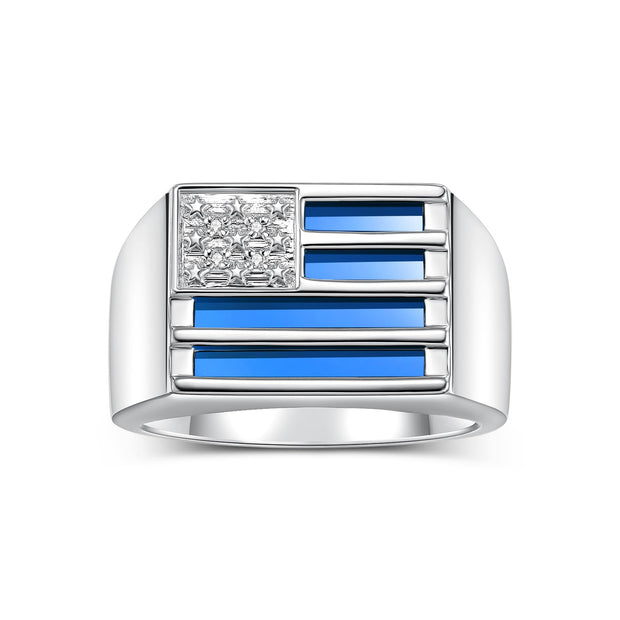 Rylos Sterling Silver 925 USA Flag Designer Men's Ring, featuring Diamonds, Onyx, Quartz in Red, Blue, or Green, & Tiger Eye. In sizes 8 to 13, it adds patriotic sophistication to your collection