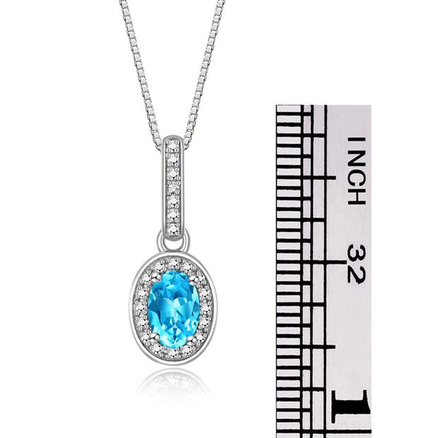 Rylos 14K White Gold Halo Designer Necklace: Gemstone & Diamond Pendant, 18" Chain, 6X4MM Birthstone, Elegant Women's Jewelry