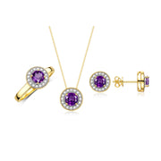 Rylos Halo Designer Matching Set Yellow Gold Plated Silver: Ring, Earring & Pendant Necklace. Gemstone & Diamonds, 4MM Birthstone; Sizes 5-10.