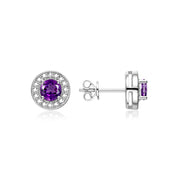 Rylos Halo Designer Matching Set Sterling Silver: Ring, Earring & Pendant Necklace. Gemstone & Diamonds, 4MM Birthstone; Sizes 5-10.