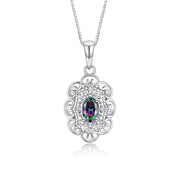 Rylos Matching Set 14K White Gold Floral Pattern Halo Pendant Necklace & Ring. Gemstone & Diamonds, 18" Chain. 6X4MM Birthstone; Sizes 5-10.