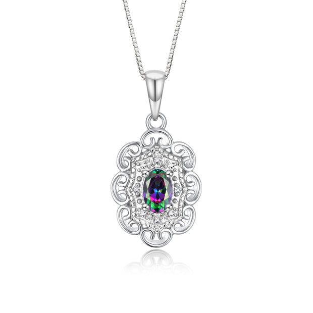 Rylos Matching Set 14K White Gold Floral Pattern Halo Pendant Necklace & Ring. Gemstone & Diamonds, 18" Chain. 6X4MM Birthstone; Sizes 5-10.