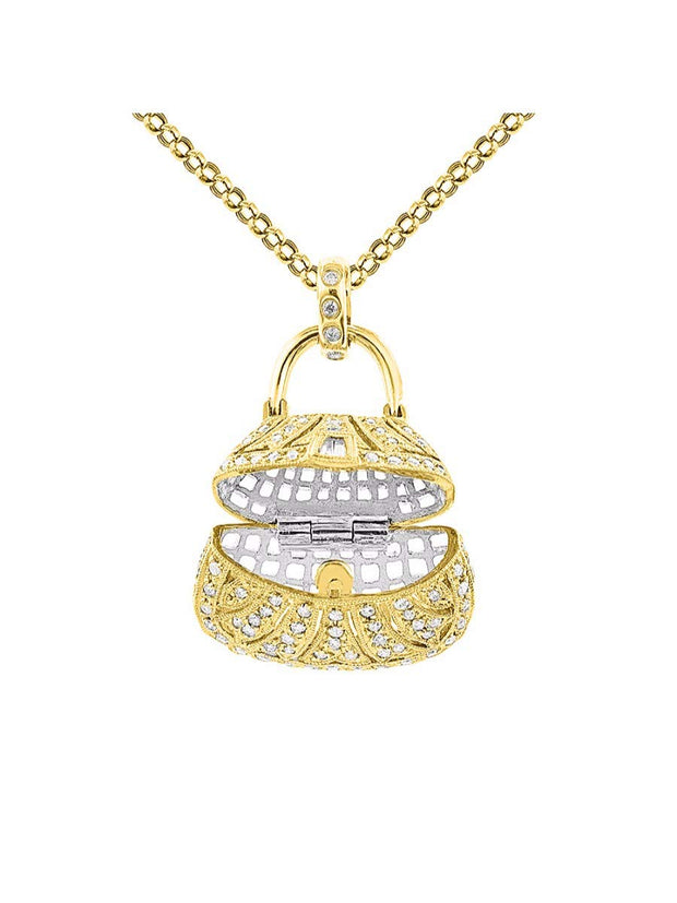 Rylos Great Conversation Starter Diamond Designer Purse Necklace in 14K Yellow Gold or 14K White Gold with 18" Solid Gold Chain