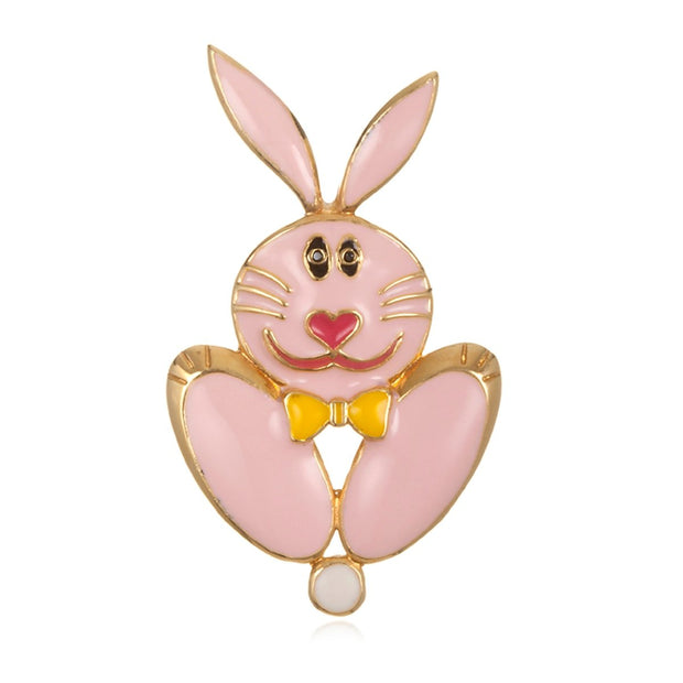 Brass Gold Plated Pink Rabbit Pin with Black CZ Eyes