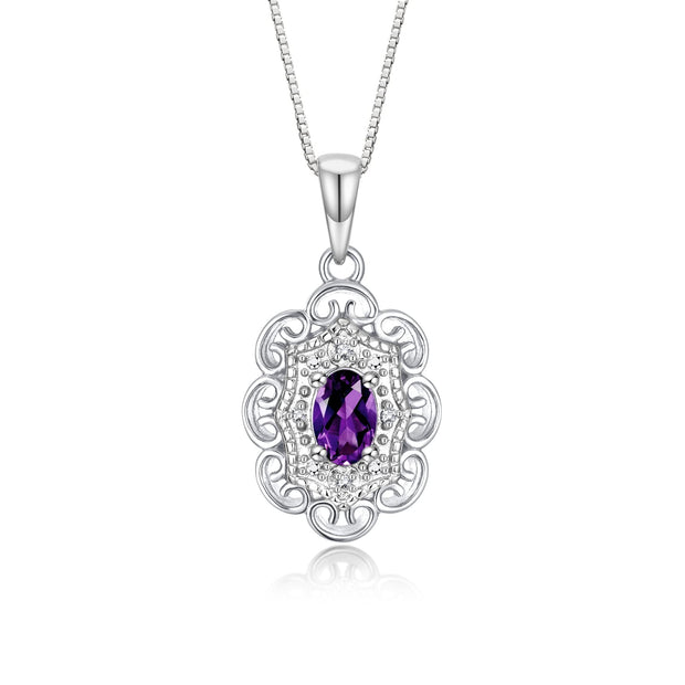 Rylos Flower Necklace with Gemstones, Diamonds & 18" Chain - 6X4MM Birthstone Pendant for Women - Elegant Diamond Jewelry - Sterling Silver