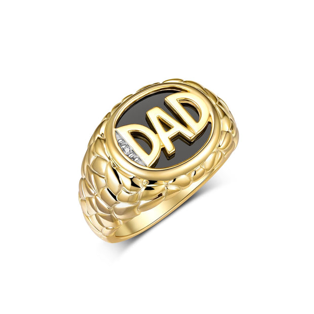 Rylos Yellow Gold Plated Silver DAD Ring with Diamonds and Black Onyx. Available in sizes 8 to 13, Designer men's jewelry collection.