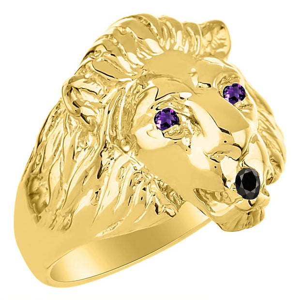 Rylos Men's 14K Yellow Gold Lion Head Ring with Black Diamond Mouth & Gemstone Eyes  Fun Designer Rings in Sizes 6-13