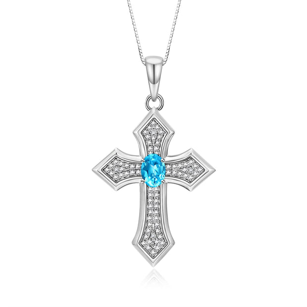 Rylos 14K White Gold Cross Necklace: Gemstone & Diamond Pendant - 7X5MM Birthstone - 18 Chain - Elegant Jewelry