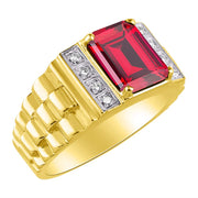 Rylos Men's Rings Yellow Gold Plated Silver Designer Style 10X8MM Emerald Cut Shape Gemstone & Diamonds - Color Stone Birthstone Rings for Men, Sizes 8-13.