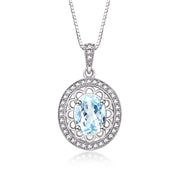 Rylos 14K White Gold Halo Designer Necklace: Gemstone & Diamond Pendant, 18" Chain, 8X6MM Birthstone, Women's Elegant Jewelry