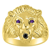 Rylos Men's 14K Yellow Gold Lion Head Ring with Black Diamond Mouth & Gemstone Eyes  Fun Designer Rings in Sizes 6-13