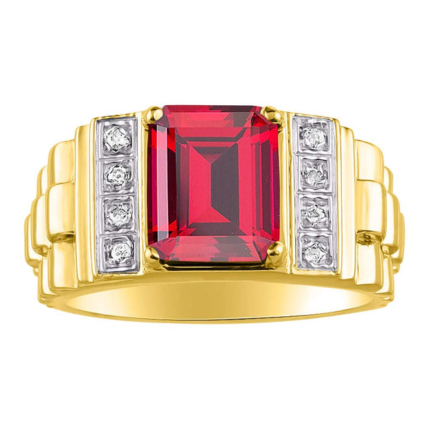 Rylos Men's Rings Yellow Gold Plated Silver Designer Style 10X8MM Emerald Cut Shape Gemstone & Diamonds - Color Stone Birthstone Rings for Men, Sizes 8-13.