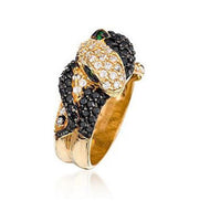 Sterling Silver Gold Plate Twin Snake Ring with White and Black CZ in Green Eyes