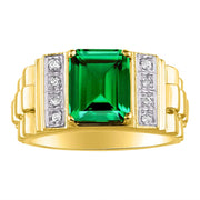 Rylos Men's Rings Yellow Gold Plated Silver Designer Style 10X8MM Emerald Cut Shape Gemstone & Diamonds - Color Stone Birthstone Rings for Men, Sizes 8-13.