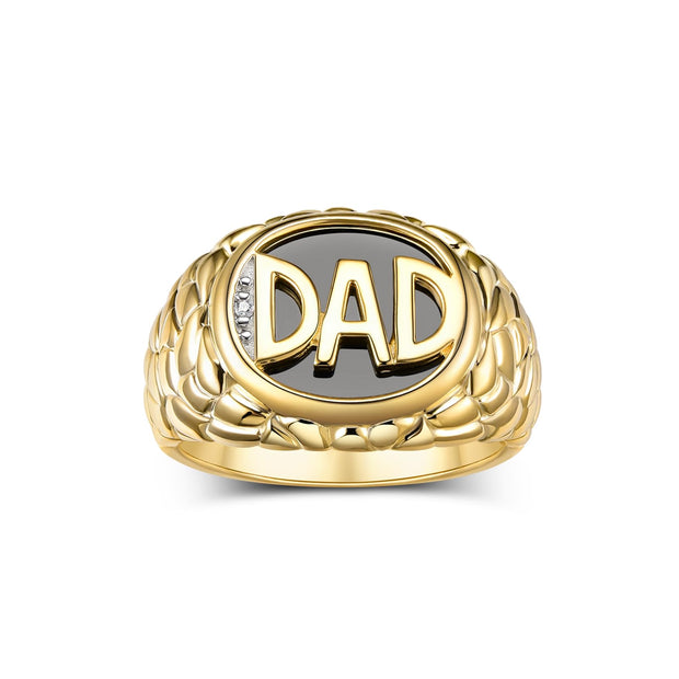 Rylos Yellow Gold Plated Silver DAD Ring with Diamonds and Black Onyx. Available in sizes 8 to 13, Designer men's jewelry collection.