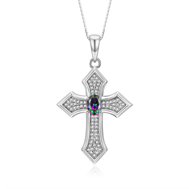 Rylos 14K White Gold Cross Necklace: Gemstone & Diamond Pendant - 7X5MM Birthstone - 18 Chain - Elegant Jewelry