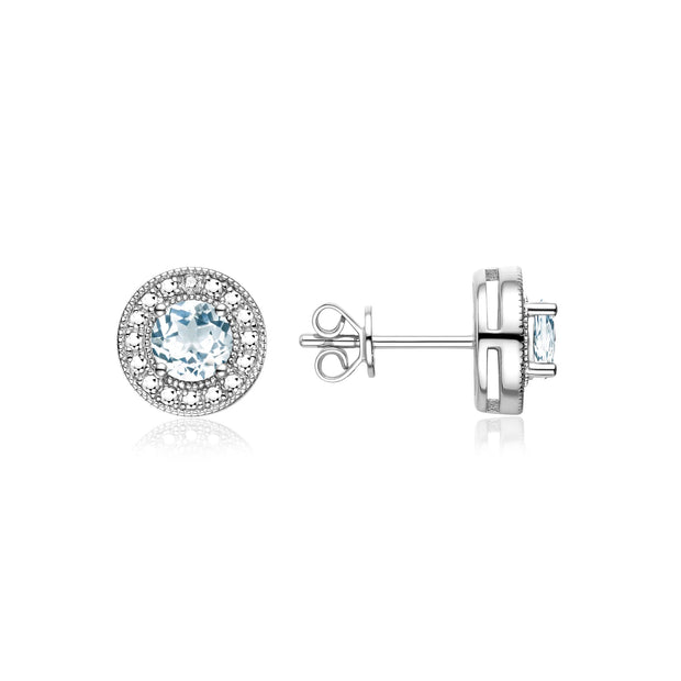 RYLOS Sterling Silver Halo Stud Earrings - 4MM Round Gemstone & Diamonds - Exquisite Birthstone Jewelry