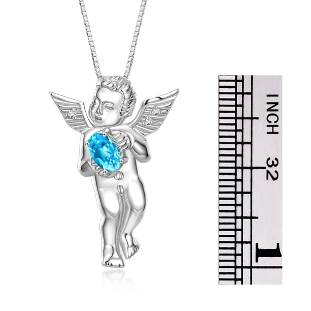 Rylos 14K White Gold Guardian Angel Necklace with 6X4MM Gemstone & Diamonds on 18" Chain - Birthstone