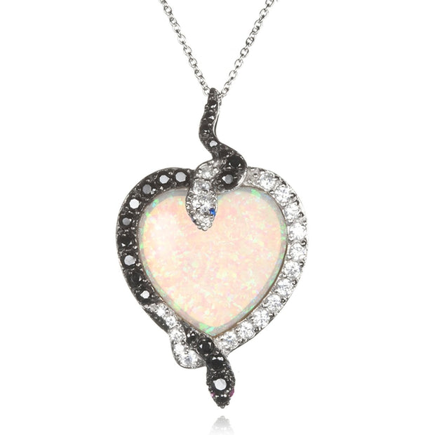 Rylos Sterling Silver Rhodium Plate Synthetic White Opal Pendant With White & Black CZ Snake 18" Silver Chain