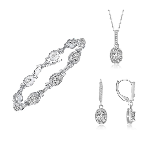 Rylos Matching Jewelry Set Designer Halo Birthstone: 6X4MM Gemstone & Diamonds, Sterling Silver. Tennis Bracelet, Earrings & Necklace. Adjustable 7"-8" Wrist, 18" Chain.