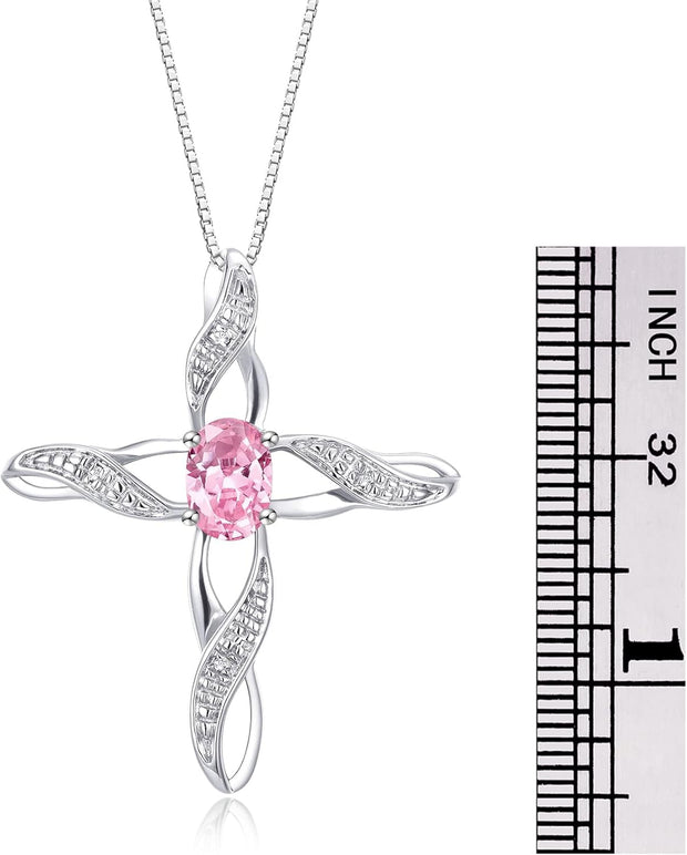 Rylos Necklace Sterling Silver 925 Cross Necklace with Gemstone & Diamonds Pendant with 18" Chain 7X5MM Birthstone Womens Jewelry Silver Necklace For Women Diamond Necklace