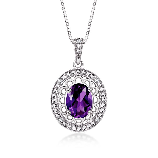 Rylos Sterling Silver Halo Designer Necklace: Gemstone & Diamond Pendant, 18" Chain, 8X6MM Birthstone, Women's Elegant Jewelry