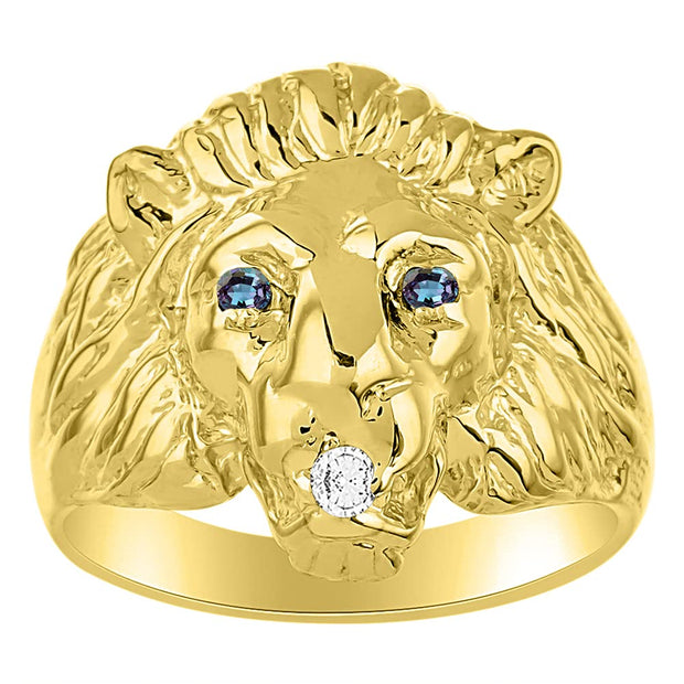 Rylos Lion Head Ring with Gemstone Eyes & Diamond Mouth  Fun Designer Rings in Sizes 6-13 in Yellow Gold Plated Silver