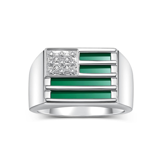 Rylos Sterling Silver 925 USA Flag Designer Men's Ring, featuring Diamonds, Onyx, Quartz in Red, Blue, or Green, & Tiger Eye. In sizes 8 to 13, it adds patriotic sophistication to your collection