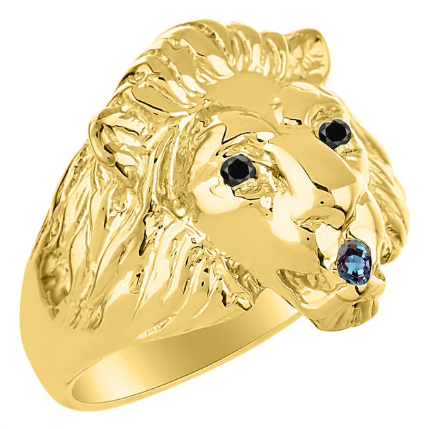 Rylos Lion Head Ring with Black Diamonds in Eyes & Gemstone in the Mouth  Fun Designer Yellow Gold Plated Silver Rings in Sizes 6-13