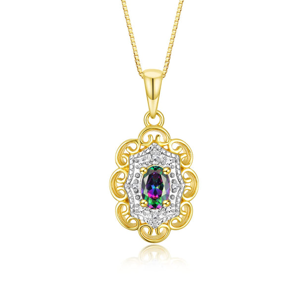 Rylos Matching Set 14K Yellow Gold Floral Pattern Halo Pendant Necklace & Ring. Gemstone & Diamonds, 18" Chain. 6X4MM Birthstone; Sizes 5-10