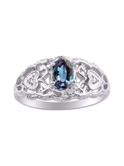 Rylos Ring with Filigree Heart, 6X4MM Gemstone, and Diamonds - Birthstone Jewelry for Women in Sterling Silver, Available in Sizes 5-10