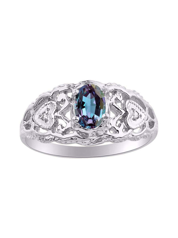 Rylos Ring with Filigree Heart, 6X4MM Gemstone, and Diamonds - Birthstone Jewelry for Women in Sterling Silver, Available in Sizes 5-10