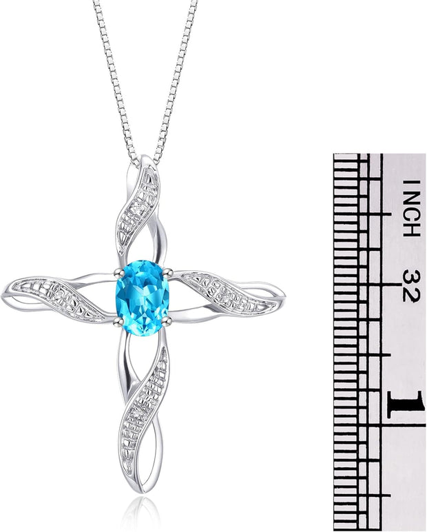 Rylos Necklace Sterling Silver 925 Cross Necklace with Gemstone & Diamonds Pendant with 18" Chain 7X5MM Birthstone Womens Jewelry Silver Necklace For Women Diamond Necklace