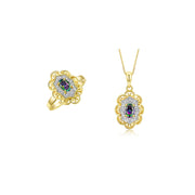 Rylos Matching Set 14K Yellow Gold Floral Pattern Halo Pendant Necklace & Ring. Gemstone & Diamonds, 18" Chain. 6X4MM Birthstone; Sizes 5-10