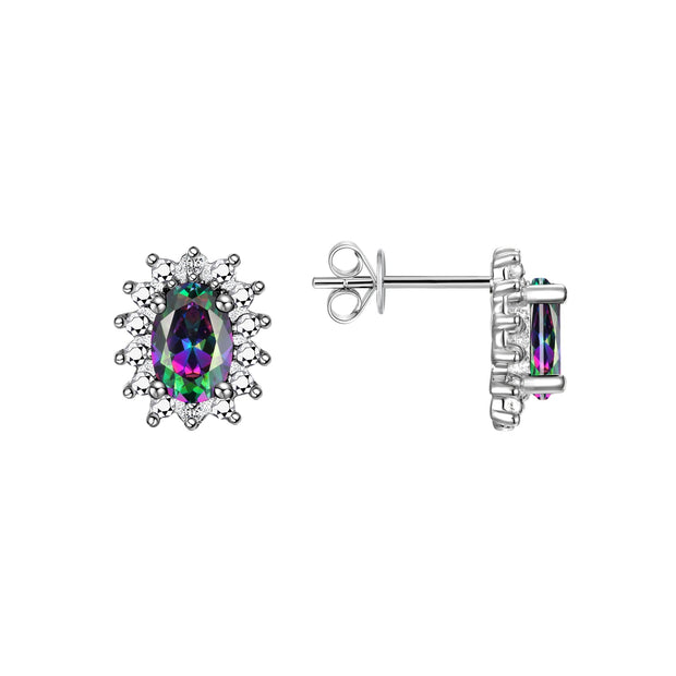 Rylos Sterling Silver Halo Stud Earrings - 6X4MM Oval & Diamonds - Exquisite Birthstone Jewelry