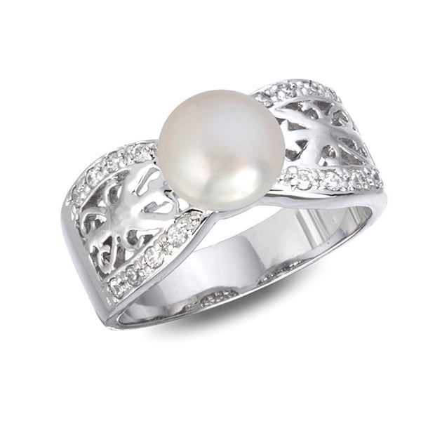 Rylos Sterling Silver Rhodium Plate Antique Inspired White Freshwater Button Pearl Ring with White CZ