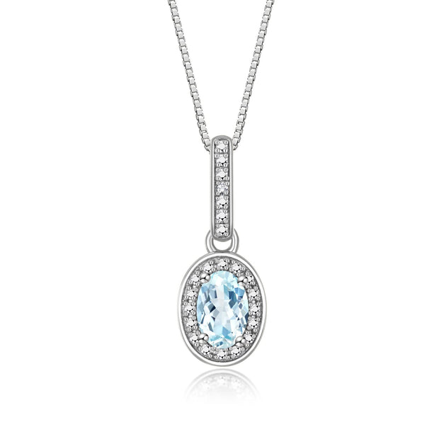 Rylos Sterling Silver Halo Designer Necklace: Gemstone & Diamond Pendant, 18" Chain, 6X4MM Birthstone, Elegant Women's Jewelry