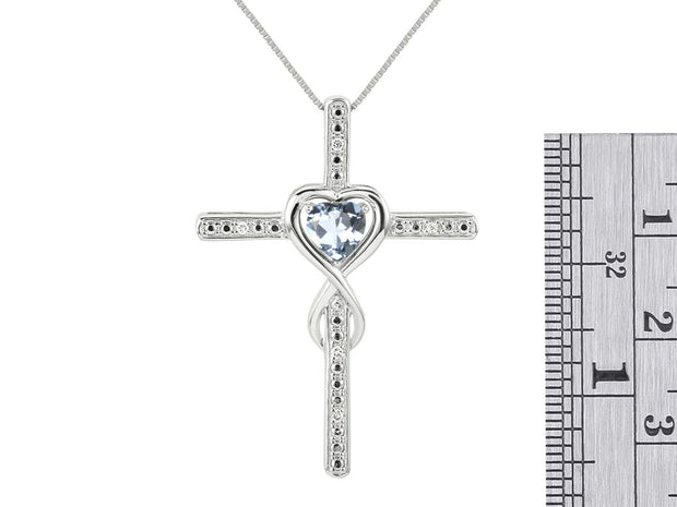 Rylos Women's 14K White Gold Heart Gemstone & Diamond Cross Necklace. 6MM Birthstone. With 18" Chain. Elegant Jewelry for Women.