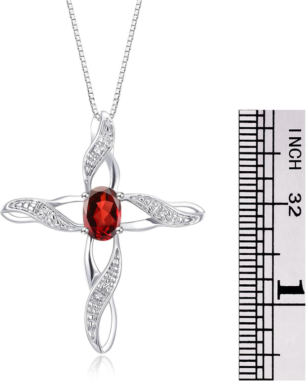 Rylos Necklace Sterling Silver 925 Cross Necklace with Gemstone & Diamonds Pendant with 18" Chain 7X5MM Birthstone Womens Jewelry Silver Necklace For Women Diamond Necklace