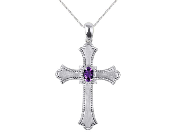 Rylos 14K White Gold Cross Necklace with Gemstones, Diamonds & 18 Chain - 6X4MM Birthstone Pendant for Women - Elegant Diamond Jewelry