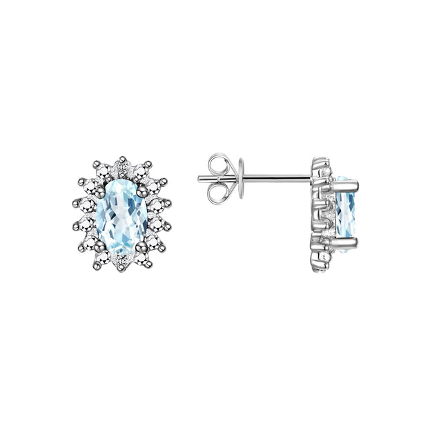 Rylos Sterling Silver Halo Stud Earrings - 6X4MM Oval & Diamonds - Exquisite Birthstone Jewelry