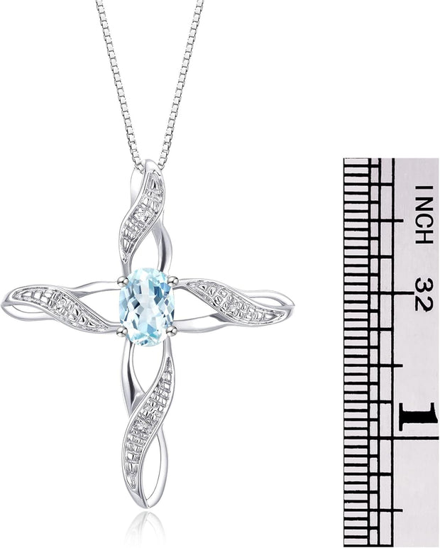 Rylos Necklace Sterling Silver 925 Cross Necklace with Gemstone & Diamonds Pendant with 18" Chain 7X5MM Birthstone Womens Jewelry Silver Necklace For Women Diamond Necklace