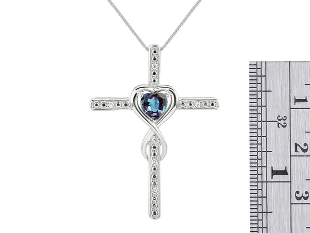 Rylos Heart Gemstone & Diamond Cross Necklace. 6MM Birthstone. 18" Chain. Elegant Jewelry for Women - Sterling Silver