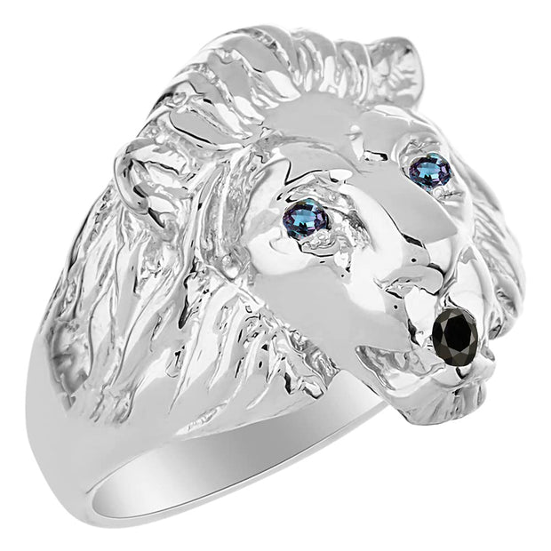 Rylos Lion Head Ring Sterling Silver Color Stone Birthstones in Eyes & Black Diamond Mouth #1 in Mens Jewelry Sizes 6-13