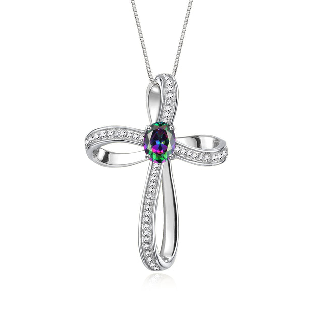 Rylos Sterling Silver Cross Necklace: Gemstone & Diamond Pendant, 18 Chain, 8X6MM Birthstone, Elegant Women's Jewelry