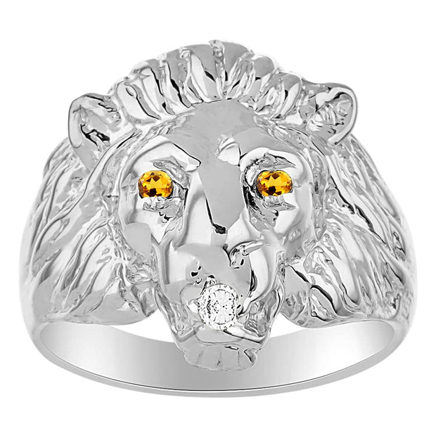 Rylos Lion Head Ring with Gemstone Eyes & Diamond Mouth – Fun Designer Rings in Sizes 6-13 in Sterling Silver